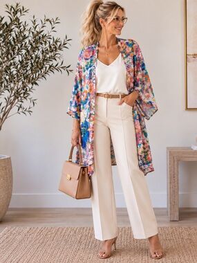 Relipop Floral Chiffon Kimono Cardigan Multicolor Sheer Cover Up 
Size:XXL